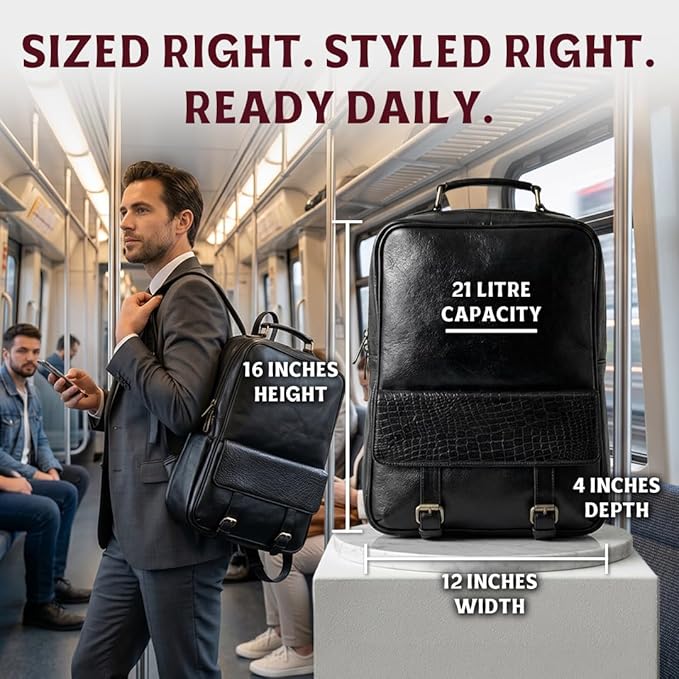 15.6" Luxury Black Leather Laptop Backpack for Men & Women. Leather Bag for Professional Use in Office & Business