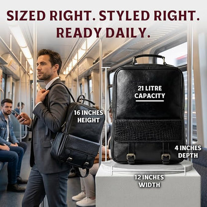 15.6" Luxury Black Leather Laptop Backpack for Men & Women. Leather Bag for Professional Use in Office & Business
