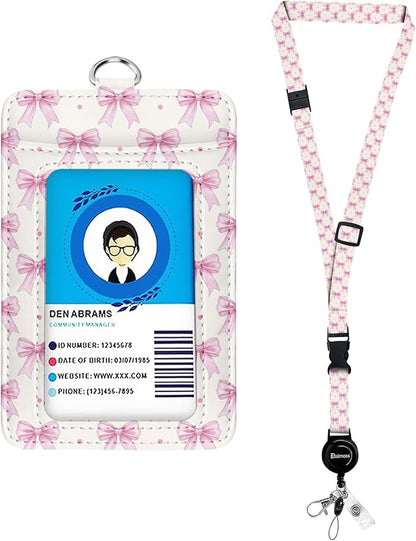 bolimoss Pink Bow Badge Holders, Cute PU Leather ID Card Name Bdge Holder with Detachable Neck Lanyard Strap and Retractable Badge Reel Metal Clip Sturdy Buckle for Key Wallet