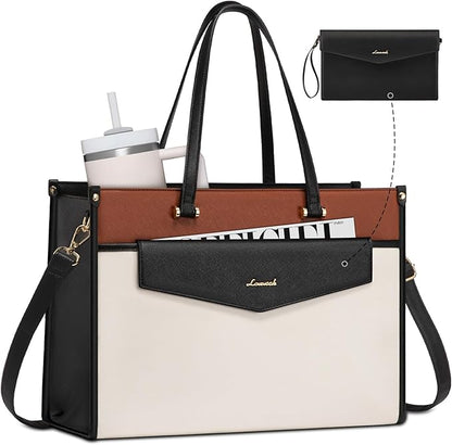 LOVEVOOK Laptop Bag for Women, 17.3'' Laptop Tote Purse 2-in-1 Professional Work Bag Business Briefcase with Clutch Purse, Waterproof Leather Computer Handbag for Teacher Office Travel