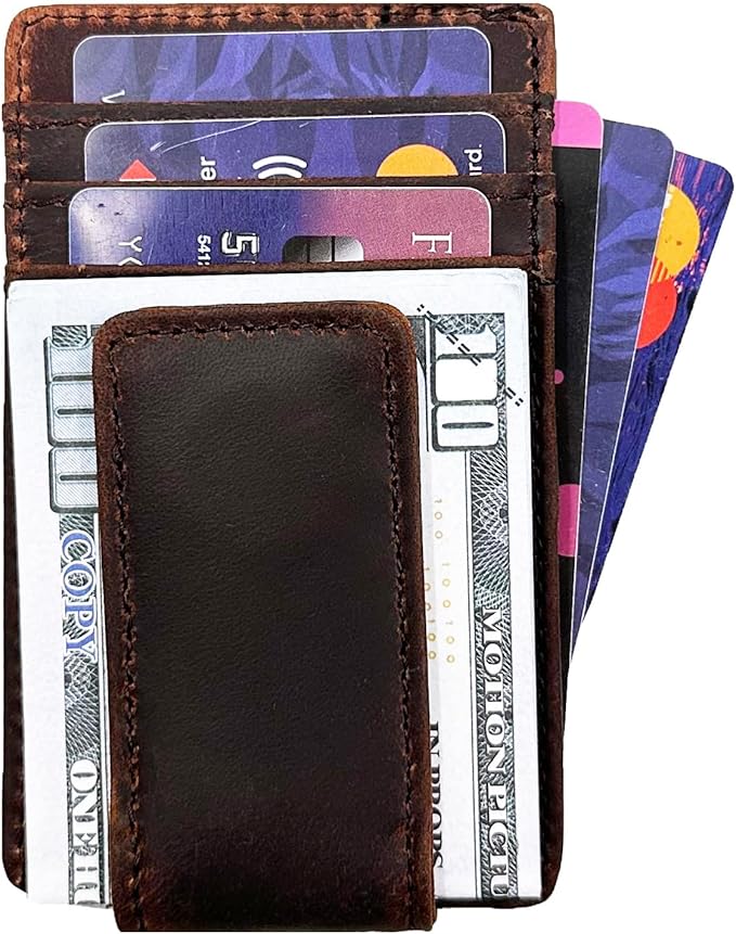 Leather Money Clip Front Pocket Wallets for Men RFID Blocking Strong Magnet Slim Wallet (Small Crazyhorse Brown)