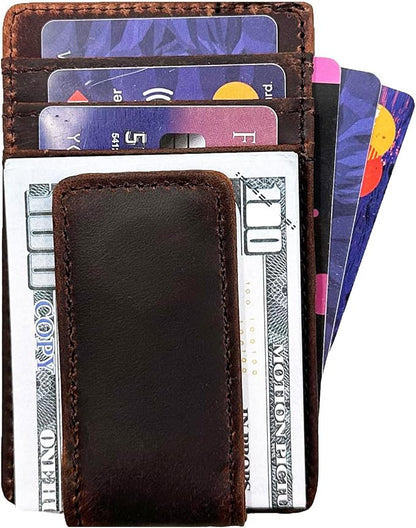 Leather Money Clip Front Pocket Wallets for Men RFID Blocking Strong Magnet Slim Wallet (Small Crazyhorse Brown)