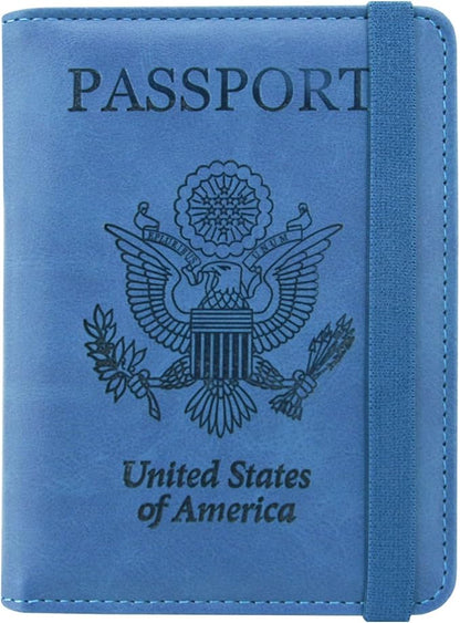 ACdream Passport and Vaccine Card Holder Combo, Cover Case with CDC Vaccination Card Slot, Leather Travel Documents Organizer Protector, with RFID Blocking, for Women and Men, C - Light Blue,