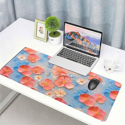 Oil Painting Flowers Desk Mat for Women, Large PU Leather Desk Pad with Non-Slip Base, Aesthetic Office Keyboard Cover for Gaming & Home Work, Artistic Desk Decor (23.6x11.8 Inch)