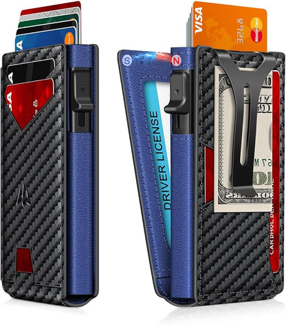 Wallet for Men, Slim Minimalist Wallet with Money Clip＆ID Window, RFID Blocking Pop-Up Credit Card Holder, Smart Auminum Mens Wallet Holds 9-13 Cards (Gift Box) (Carbon Fiber & Blue)