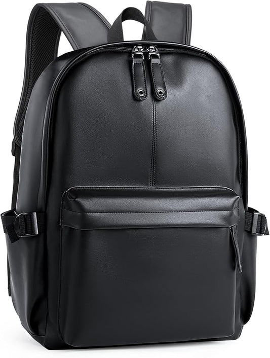 MOYYI Leather Backpack for Men Black Large Backpack Fit 15.6inch Laptop Rucksack Waterproof for business Commute Casual Daypack