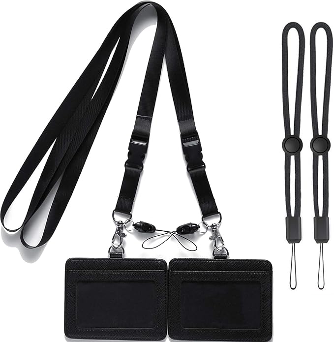 YOUOWO 2 Pack Black Neck Office Quick Release Lanyards and Small Black Adjustable Wrist Lanyard with Horizontal ID Badge Holder PU Leather,with Clips
