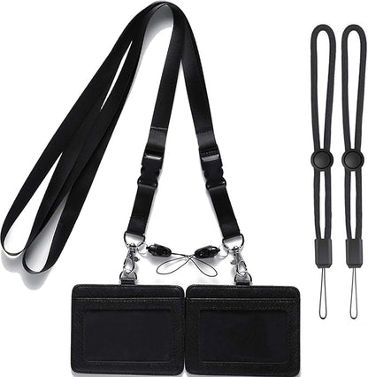 YOUOWO 2 Pack Black Neck Office Quick Release Lanyards and Small Black Adjustable Wrist Lanyard with Horizontal ID Badge Holder PU Leather,with Clips