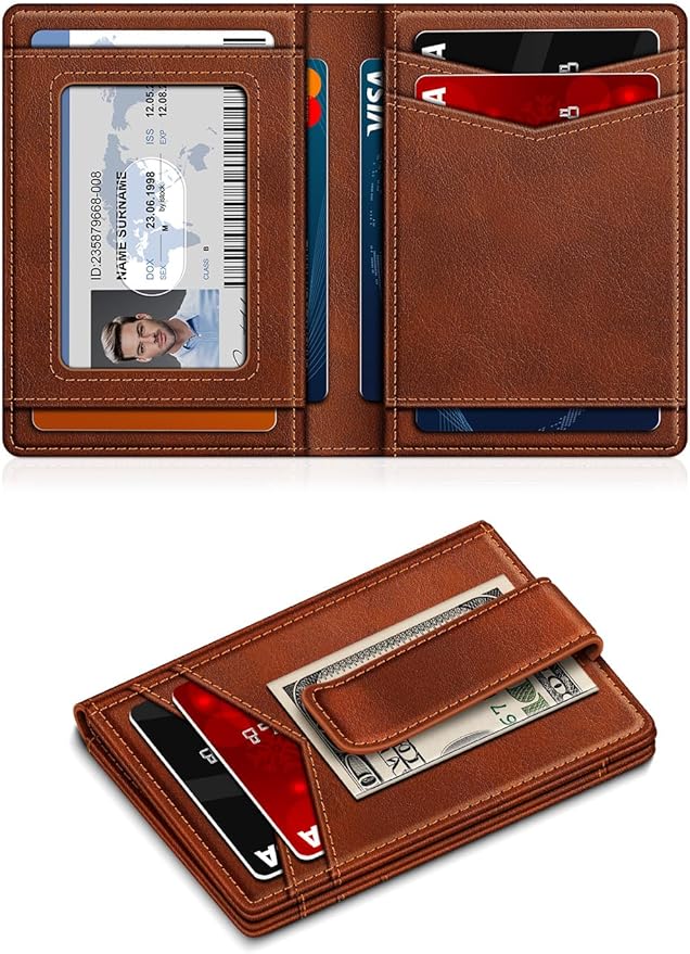 ZALVEX Wallet for Men Slim Leather Wallets for 12-15 Cards, Minimalist Thin RFID Blocking Card Holder with Money Clip & ID Window, Small Bifold Front Pocket Wallet, Gifts for Men