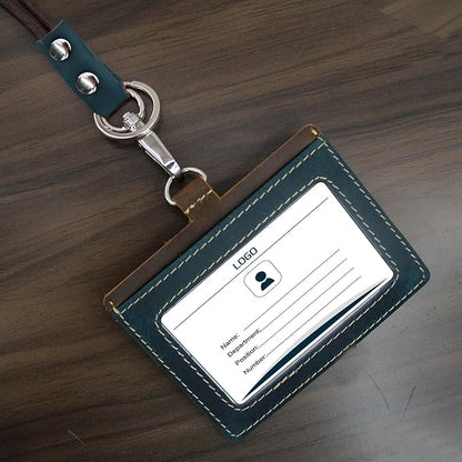 Badge Holder: Boshiho Cowhide Leather ID Badge Card Holder with 19" Neck Lanyard, Horizontal Style (Blue)