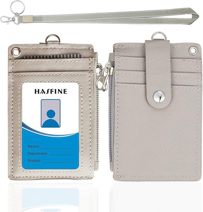 HASFINE ID Badge Holder with Lanyard,2 Sided 5 Card Slots ID Card Holder Wallet with PU Leather Zipper Pocket and Detachable Keychain Lanyard for Teens Men Women(Gray)