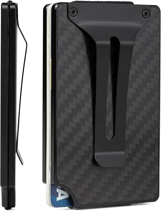 Minimalist Carbon Fiber Wallet for Men, Money Clip Cash Strap Wallet, RFID Blocking Metal Wallet Aluminum Card Holder,Front Pocket Wallet