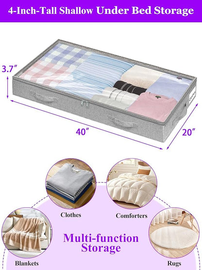 Below 4 Inches High Under Bed Storage, Low Profile Underbed Storage Containers, NO RIGID STRUCTURE, Foldable & Thin Storage Bags, Clothes Organizer w/Clear Lid & Zipper, 2-Pack, 20x40x3.7 Inches, Gray