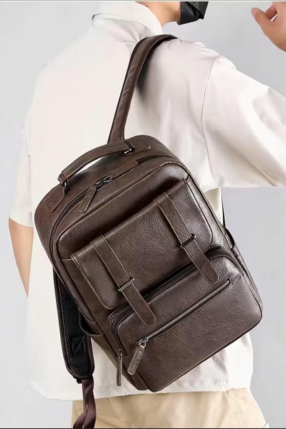 Business Men and Women PU Leather Backpack 15.6inch Laptop Waterproof Backpack Travel Commuter Lightweight schoolbag (Brown backpack5,Large)