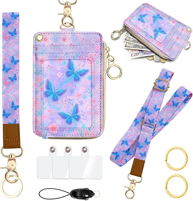 Lanyard Wallet with ID Badge Holder, Small RFID Wallet Women Keychain Wristlet, Leather Credit Card Holder with Zipper Pocket Phone Lanyard Wrist Strap Office Business-Gradient Butterfly