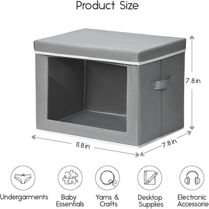 Homsorout Storage Bins with Lids - Small Fabric Organizers with Window, Collapsible Storage Bins for Clothes, Decorative Closet Organizers for Towels, Tshirt, 4 Pack, Grey