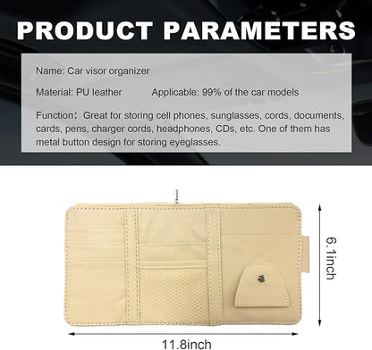Ohleats Car Sun Visor Organizer, Multifunctional Visor Storage Holder for License Pen Key, Leather Card Cash Pouch with Multi-Pocket Net Zipper, Universal Interior Car Accessories (Beige)