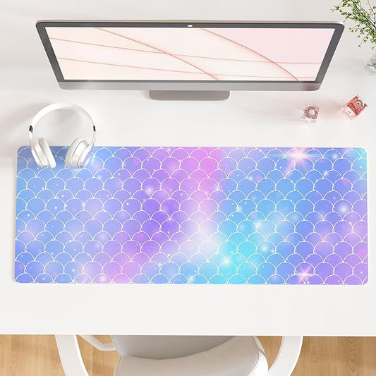 QiyI Large Desk Pad, Colorful Mouse Pad Desktop Decor, Waterproof PU Leather Desk Cover Protector, Desk Accessories for Office Home Work Writing Gaming 31.5" x 11.8" - Gradient Fish Scales