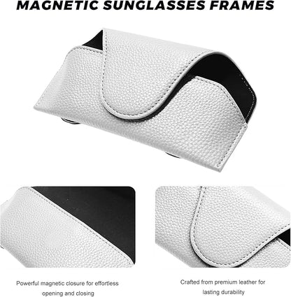 Sunglass Holder for Car Visor, Magnetic Auto Sun Visor Eyeglass Organizer with Dual Back Clips, Leather Glasses Protective Storage Case Universal for Most Vehicles Visors (White)