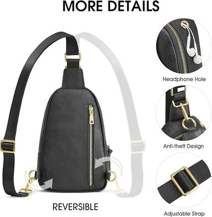 Kattee Sling Bag for Women, Leather Fanny Packs Crossbody Purse, Small Chest Bag with RFID Blocking, Black