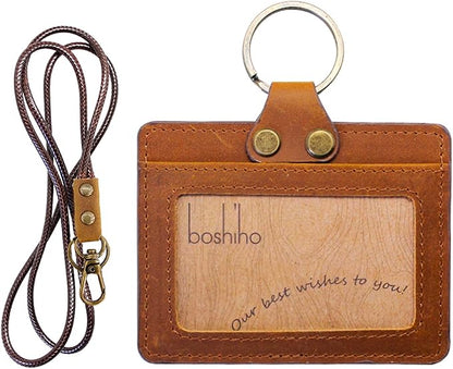 Badge Holder: Boshiho Cowhide Leather ID Badge Card Holder with 19" Neck Lanyard, Horizontal Style (Light Brown)