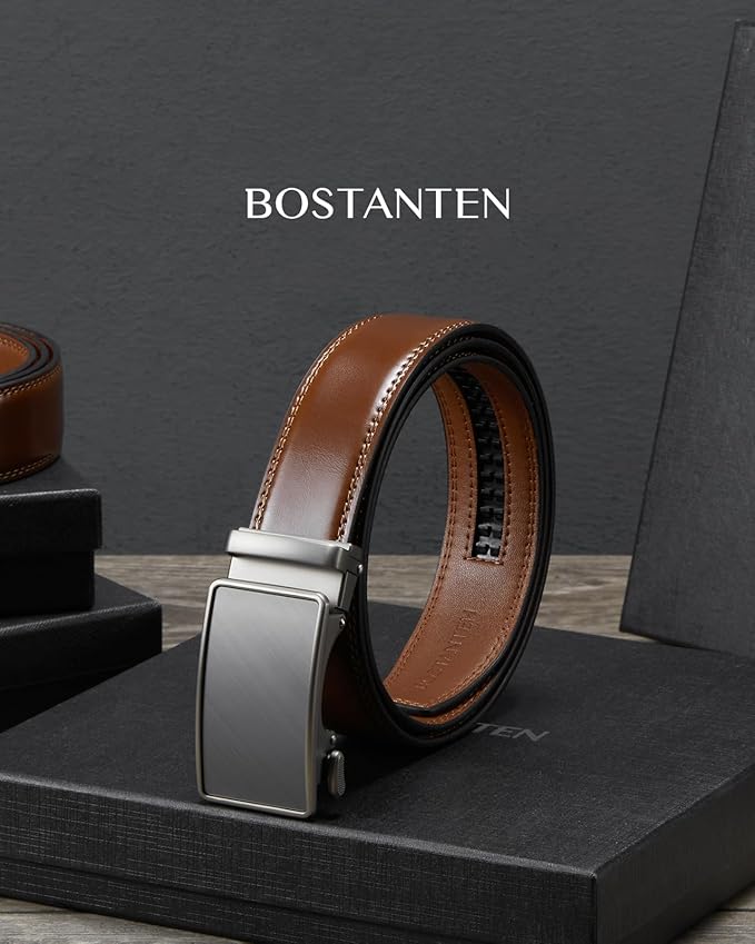 BOSTANTEN Mens Belt Leather Ratchet Belt For Men Dress and Casual with Adjustable Buckle, Trim to Fit