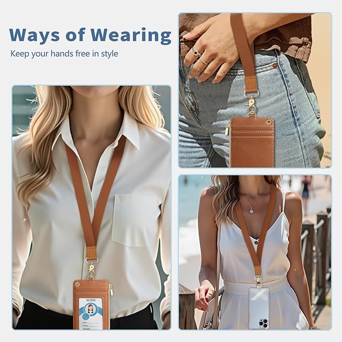 Lanyard Wallet with Id Badge Holder, Brown RFID Small Keychain Wallet Women Wristlet, Minimalist Zipper Credit Card Holder Phone Wrist Neck Strap for Key Name Tag, Teacher Student Office Gift