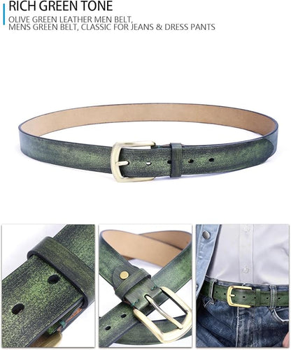 Men's Casual Leather Belt, Handmade Vintage Green Jeans Belt for Everyday Work Casual, Packed in Gift Box