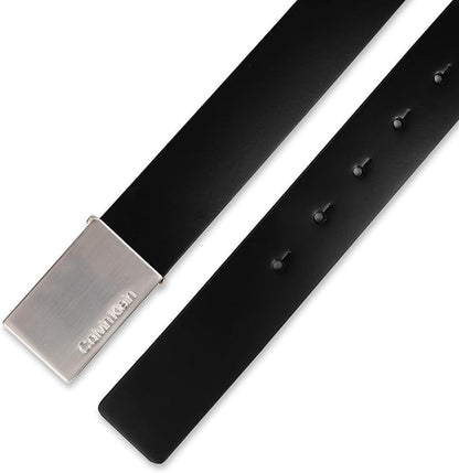 Calvin Klein Men's Plaque Buckle Belt - Casual Modern Style With Logo Detail for Jeans and Dress Pants