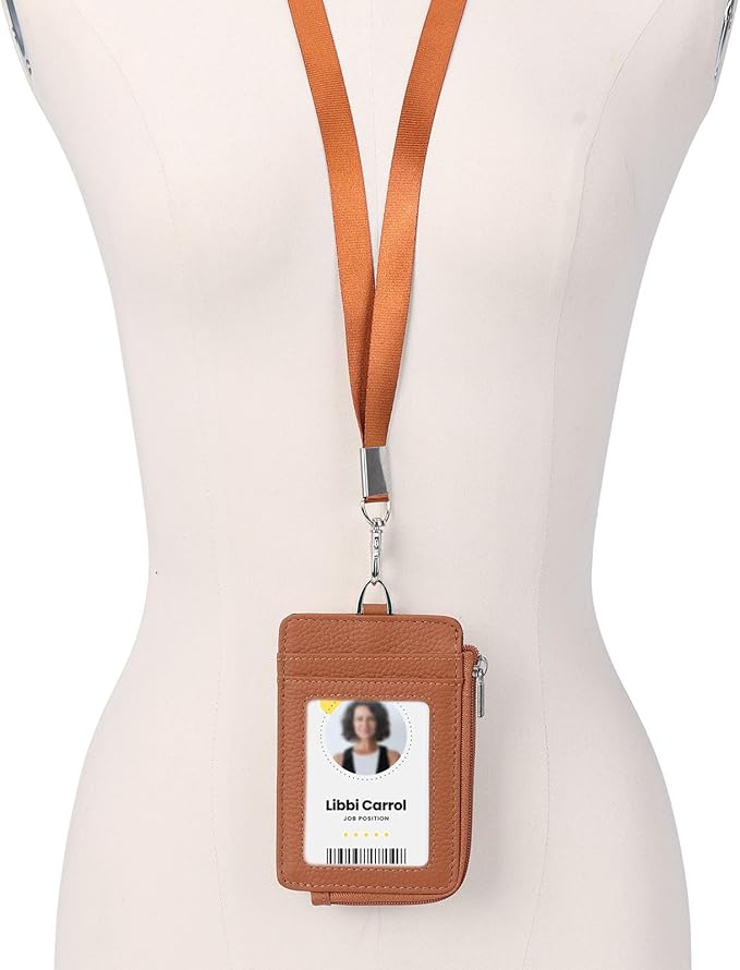 Badge Holder-Genuine Leather ID Badge Holder with Zipper Pocket and Nylon Lanyard – Perfect for Badges, Cards, and More