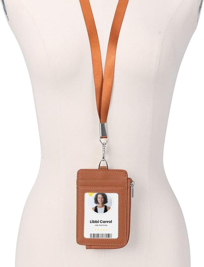 Badge Holder-Genuine Leather ID Badge Holder with Zipper Pocket and Nylon Lanyard – Perfect for Badges, Cards, and More