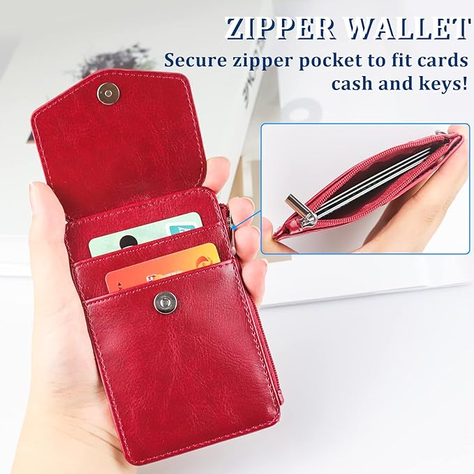Teskyer Leather Badge Holder with Lanyard and Retractable Badge Reel, 4 Card Slots ID Card Holder with 1 Zipper Pocket for Office School Name Work IDs, Wine Red