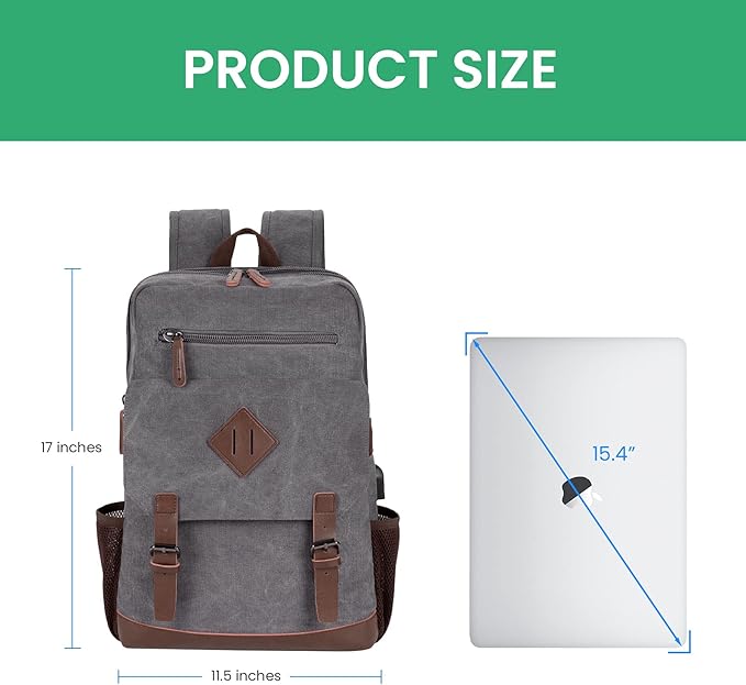 Modoker Eco-Friendly Vintage Backpack for Men Women, Canvas Bookpack Fits Most 15.6 Inches Computer and Tablets, Rucksack Backpack with USB Charging Port, Grey