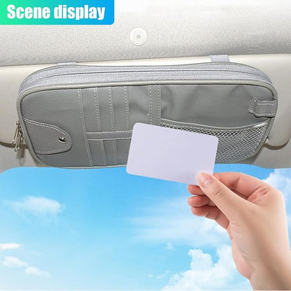 ZIMISI Car Visor Organizer, Double Zipper Sunglass Holder with Elastic Bands, PU Leather Car Storage Holder, Multi-Pocket Storage Pouch, Sun Visor Organizer for Most Cars (Grey)
