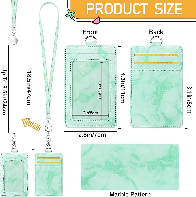 ID Badge Holder with Lanyard Marble Pattern Retractable Badge Holder PU Leather with Clear ID Window 1 Credit Card Case Name Badge Keychain Tags Protector for Women Nurse Teacher Office (Green)