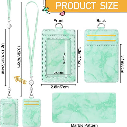 ID Badge Holder with Lanyard Marble Pattern Retractable Badge Holder PU Leather with Clear ID Window 1 Credit Card Case Name Badge Keychain Tags Protector for Women Nurse Teacher Office (Green)
