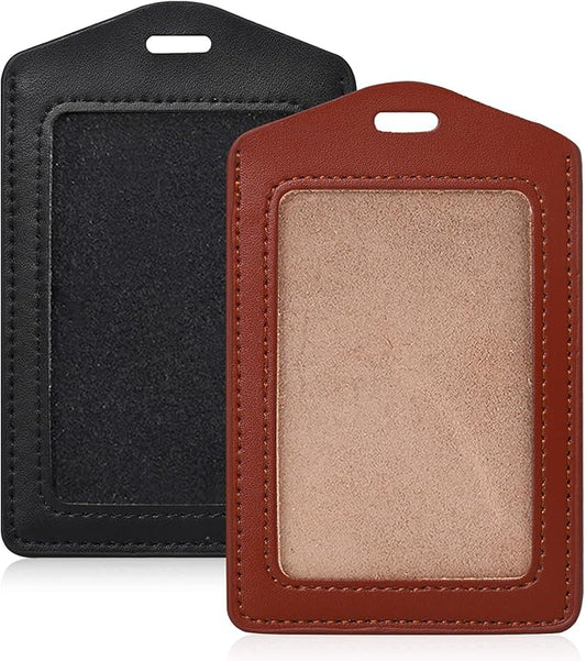 2 Pack Genuine Leather ID Badge Holders Waterproof Name Badge Holde Vertical Single-Side Clear Card Holder for Office, Staff, Employees (Black & Brown)