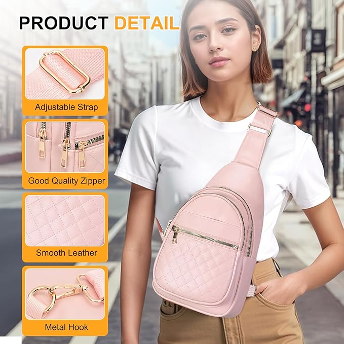 Crossbody Bags for Women Men,Leather Sling Bag Cross Body Backpack for Women, Casual Chest Bag Daypack for Travel Hiking,Pink