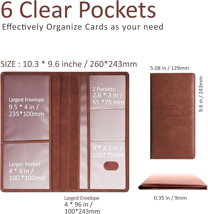 Car Accessories Registration and Insurance Holder,Leather Essential Card Magnetic Shut Vehicle Glove Box Organizer Case for Auto Driver License Document Truck Motorcycle Boat Men Women-Brown