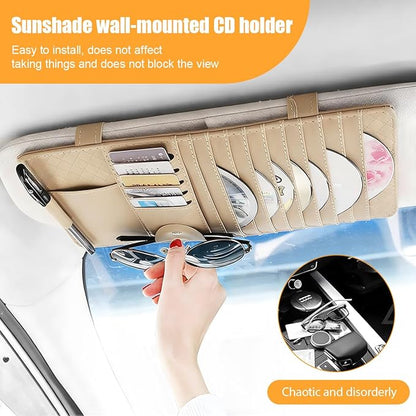 Zpana Car Sun Visor CD Case Holder, Multi-Function Vehicle DVD Eyeglass Organizer Clip with 10 DVD Storage Sleeves, Automotive Card Slots & Pen Holder Bag, Universal for SUV RV Truck (Beige)