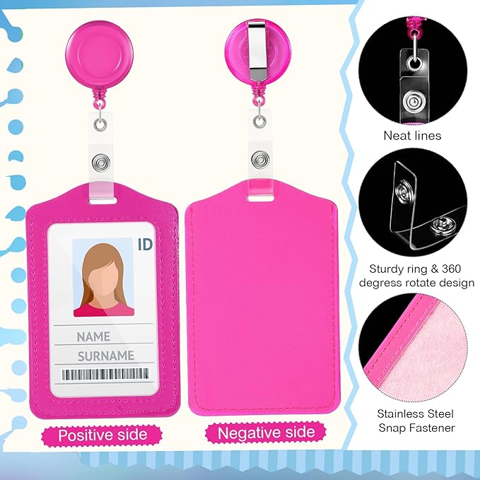 60 Sets Retractable Badge Reels, PU Leather Name Badge Holder, Multicolor ID Holder Key Card Holder Vertical ID Badge with Reel Clip for Office Business Worker Teachers Students Nurses Doctor