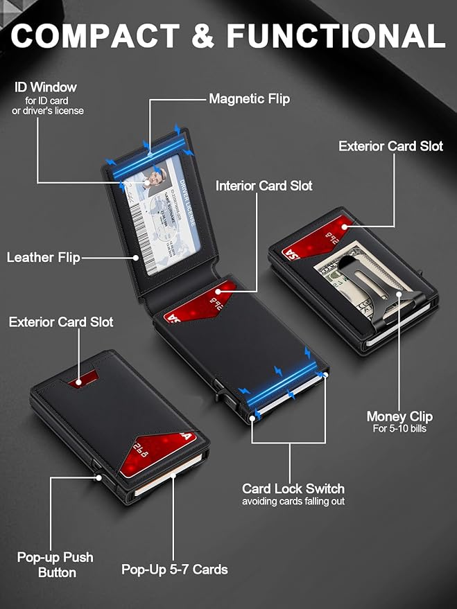 GHUKY Wallet for Men RFID Wallet with Money Clip, Slim Pop Up Card Holder for 10-12 Cards, Minimalist Smart Credit Card Case with ID Window, Bifold Metal Wallet for Front Pocket, Gifts for Men