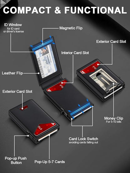 GHUKY Wallet for Men RFID Wallet with Money Clip, Slim Pop Up Card Holder for 10-12 Cards, Minimalist Smart Credit Card Case with ID Window, Bifold Metal Wallet for Front Pocket, Gifts for Men