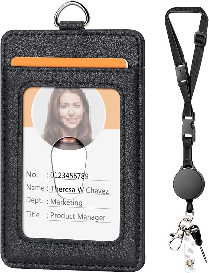 Leather Badge Holder and Adjustable Retractable Lanyards, Quick Release Buckle and Safety Breakaway Lanyards with Swivel Metal Clasp for Offices, Staff, Students, Employees