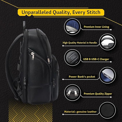 LENZN Durable Leather Laptop Business Backpack Perfect for Men & Women, Work Backpack Fits 15.6 Inch, Premium Quality Travel Bag with USB Charging Port, Water-Resistant, Bookbag with Multiple Pockets