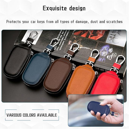 Car Key Case, Genuine Leather Auto Key Fob Cover Case, Key Fob Protector with Metal Hook, Car Smart Keychain Holder (Blue)