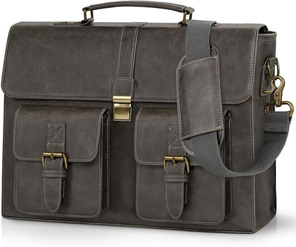 RAINSMORE Mens Messenger Bag 15.6 Inch Leather Vintage Laptop Briefcase Waterproof Computer Laptop Bag Leather Satchel Bag Large Shoulder Bag for Office Work Travel College, Grey