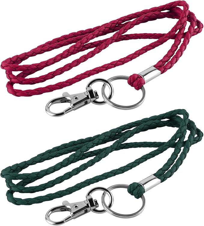 PLENTY Braided Leather Lanyard, 2PCS Handmade Strong Office Long Neck Strap with Clasp and Keychain for ID Badge and Keys