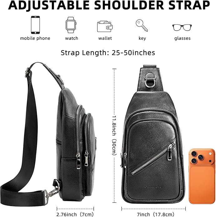 Leather Sling Bag Crossbody Bags for Men, Chest Pack for Daily Travel Leisure Sport（Black/Brown）
