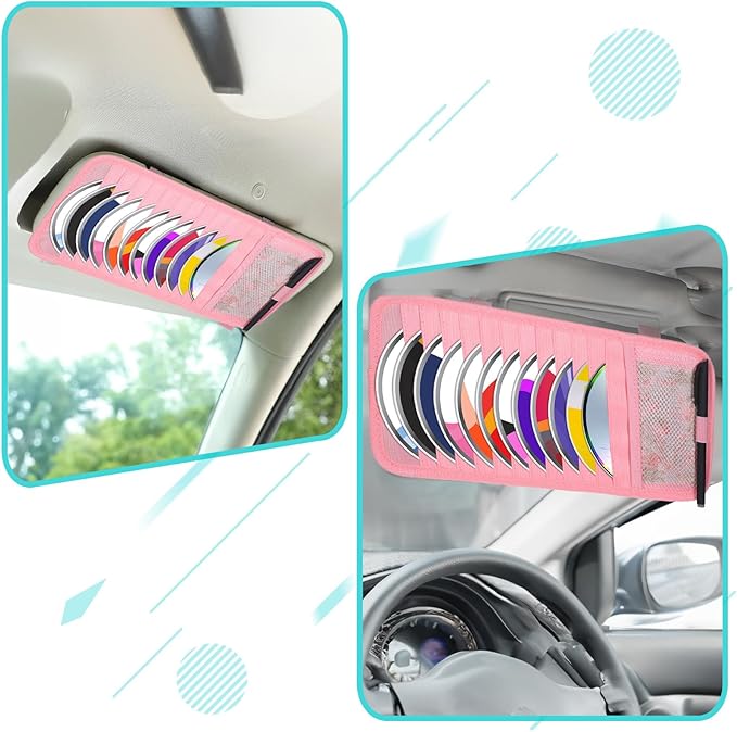 Car CD Case Holder, DVD Vehicle Visor Storage Orangizer Vehicle Sun Visor Organizer Large Capacity CD Case With 12 DVD Storage Sleeves, Mesh Pocket, Pen Holder And Elastic Strap, Pink Canvas Material